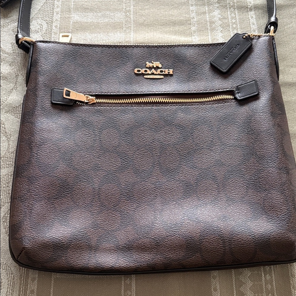 Coach Dark Brown/Black Logo Shoulder Bag with Gold Accents